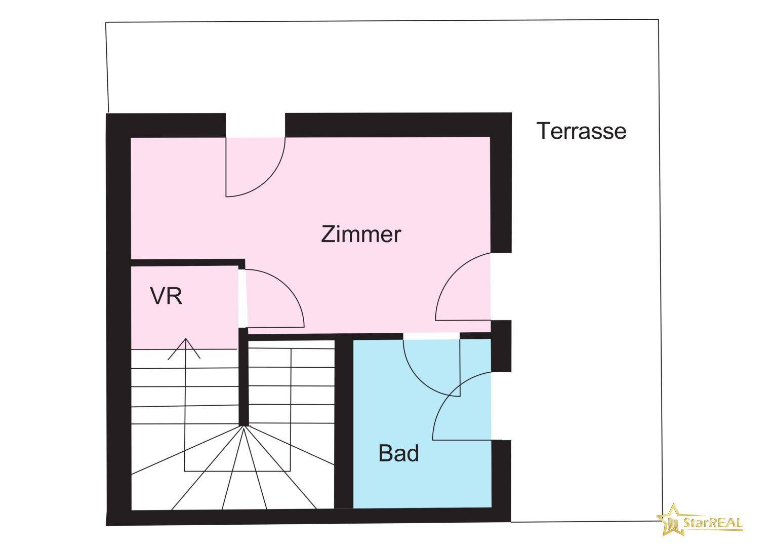 Grundriss des Dachgeschosses mit einem Zimmer, Bad und großer Terrasse.