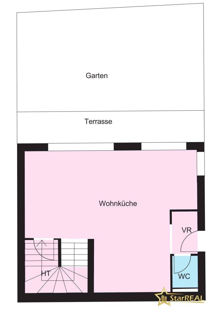 Grundriss des Erdgeschosses mit Wohnküche, WC, Terrasse und Gartenbereich.