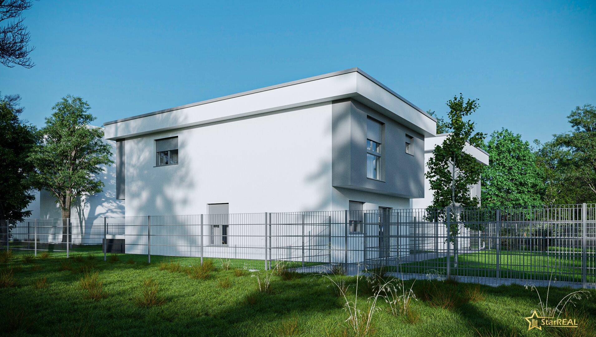 Seitenansicht einer modernen Doppelhaushälfte mit weißer Fassade und umzäuntem Gartenbereich.