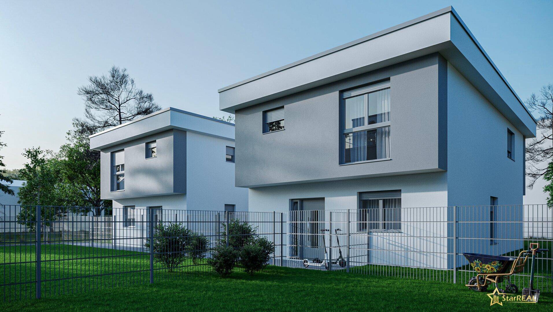 Moderne Doppelhaushälften mit weißer und grauer Fassade, umgeben von einem grünen Gartenbereich.
