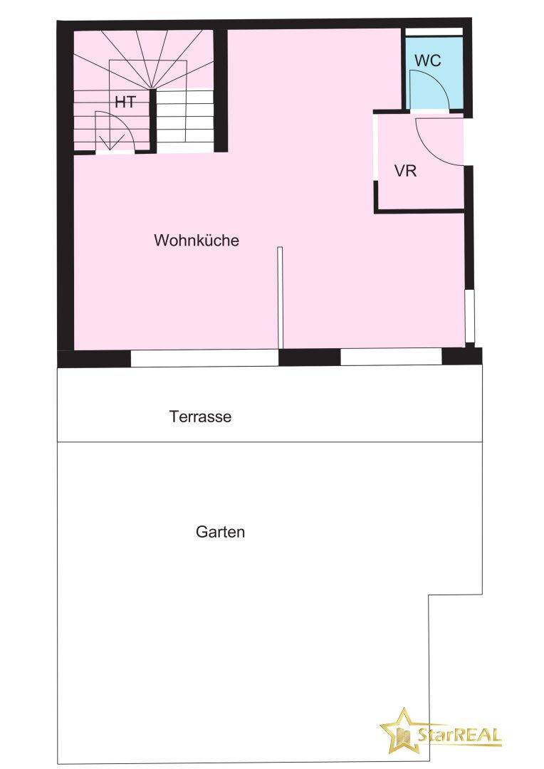 Grundriss des Erdgeschosses mit Wohnküche, Gäste-WC, Terrasse und Garten.