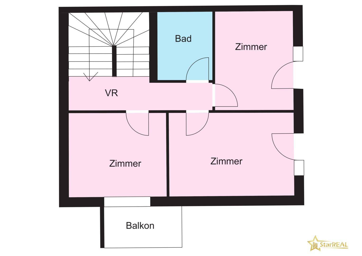 Grundriss des Obergeschosses mit drei Zimmern, Bad und Balkon.
