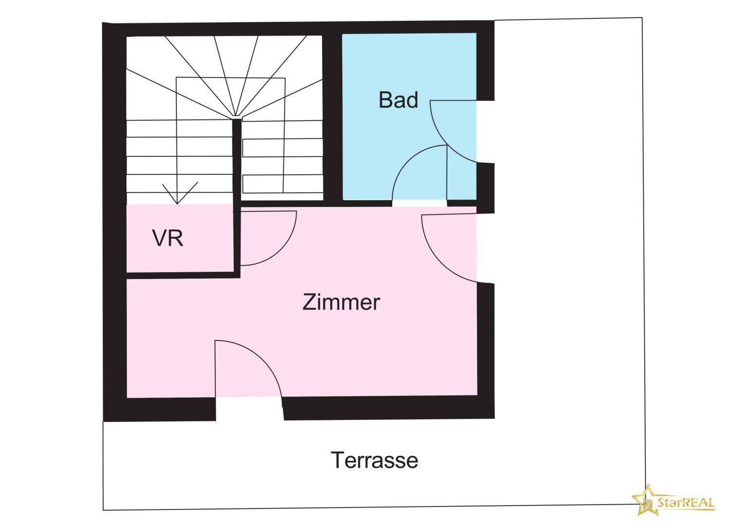 Grundriss des Dachgeschosses mit Zimmer, Bad und großer Terrasse.