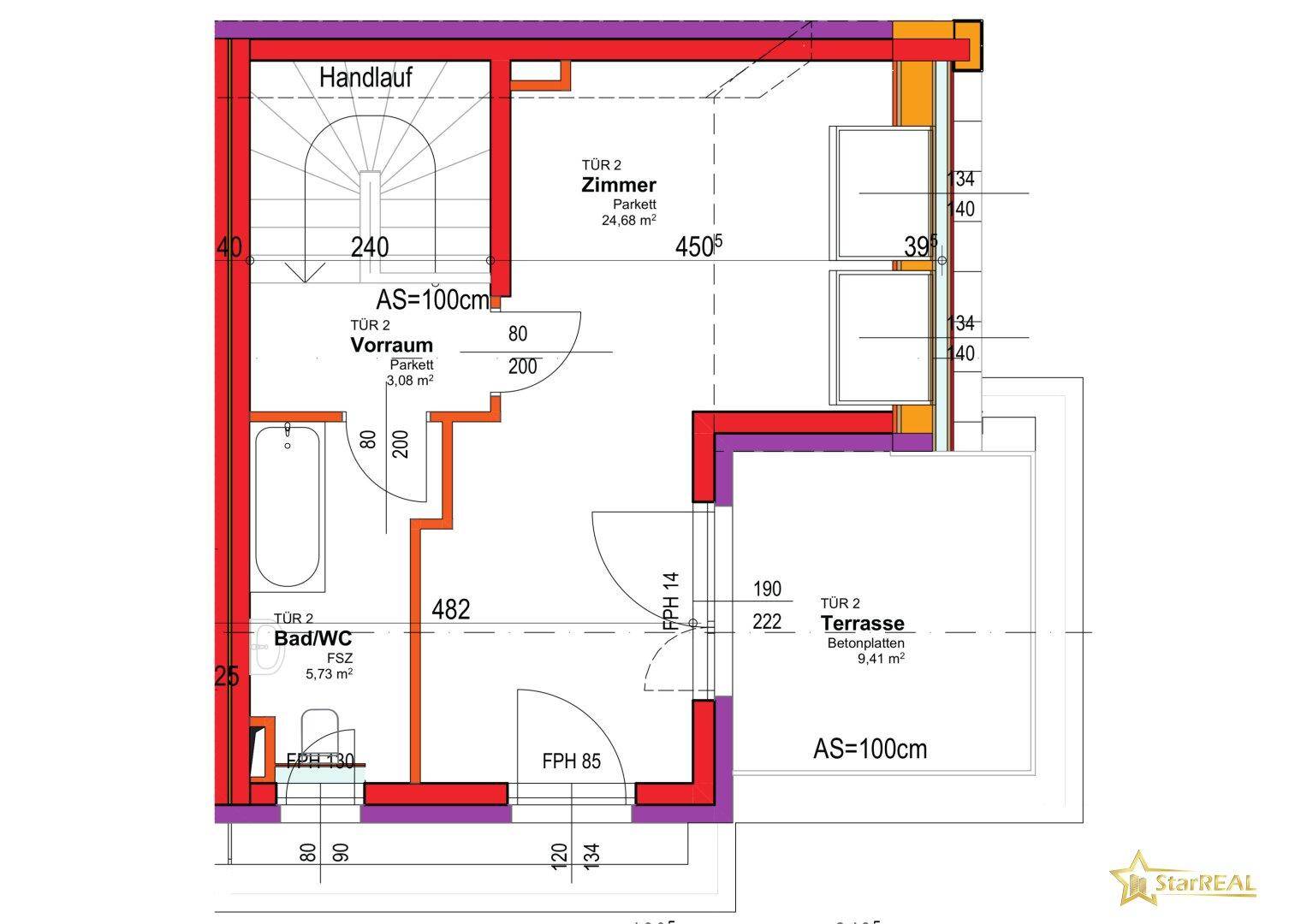 Grundriss des Dachgeschosses mit einem Zimmer, Bad, Vorraum und einer Dachterrasse.