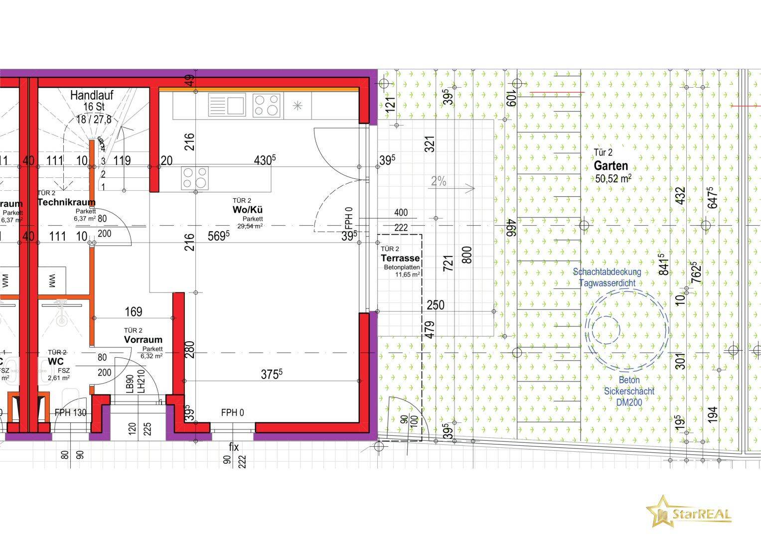 Grundriss des Erdgeschosses mit offenem Wohn-/Küchenbereich, Terrasse und Garten.