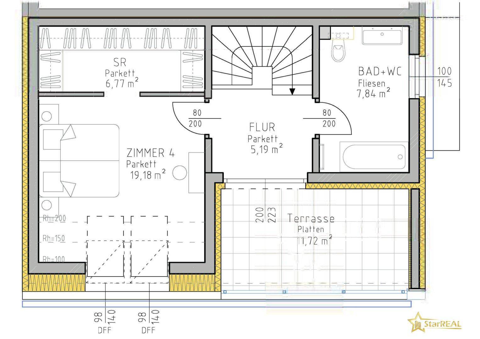 Grundriss des Dachgeschosses mit großem Schlafzimmer, Bad und Terrasse.