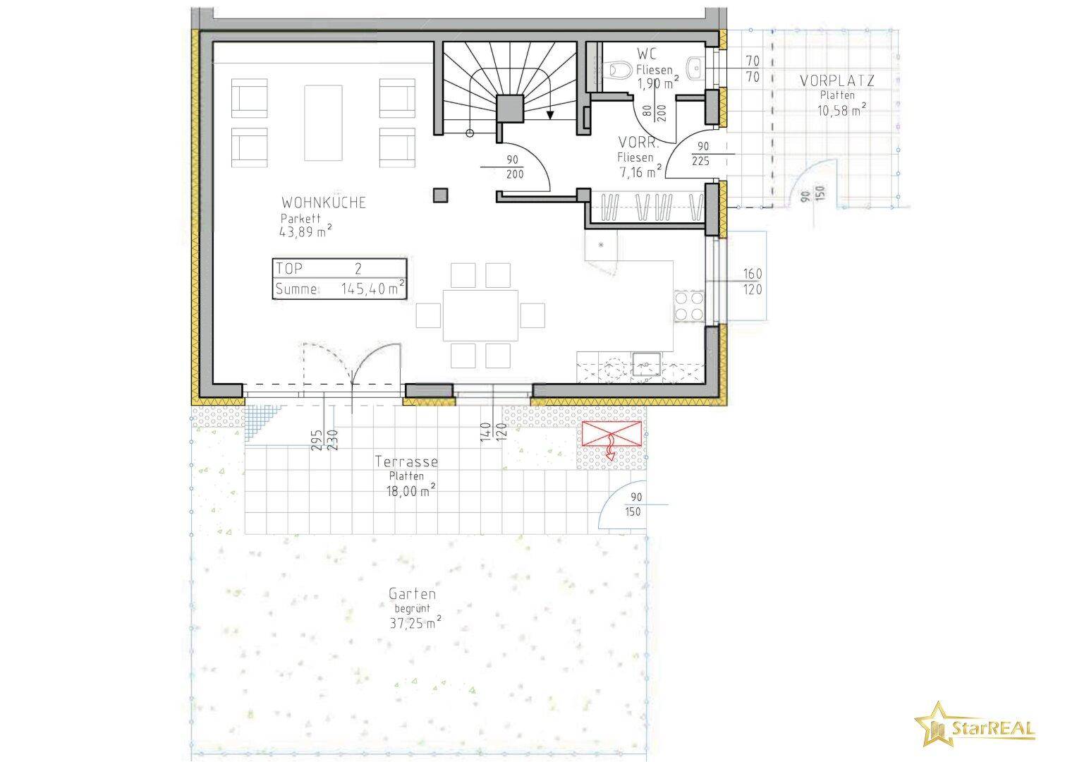 Grundriss des Erdgeschosses mit Wohnküche, Terrasse und angrenzendem Gartenbereich.