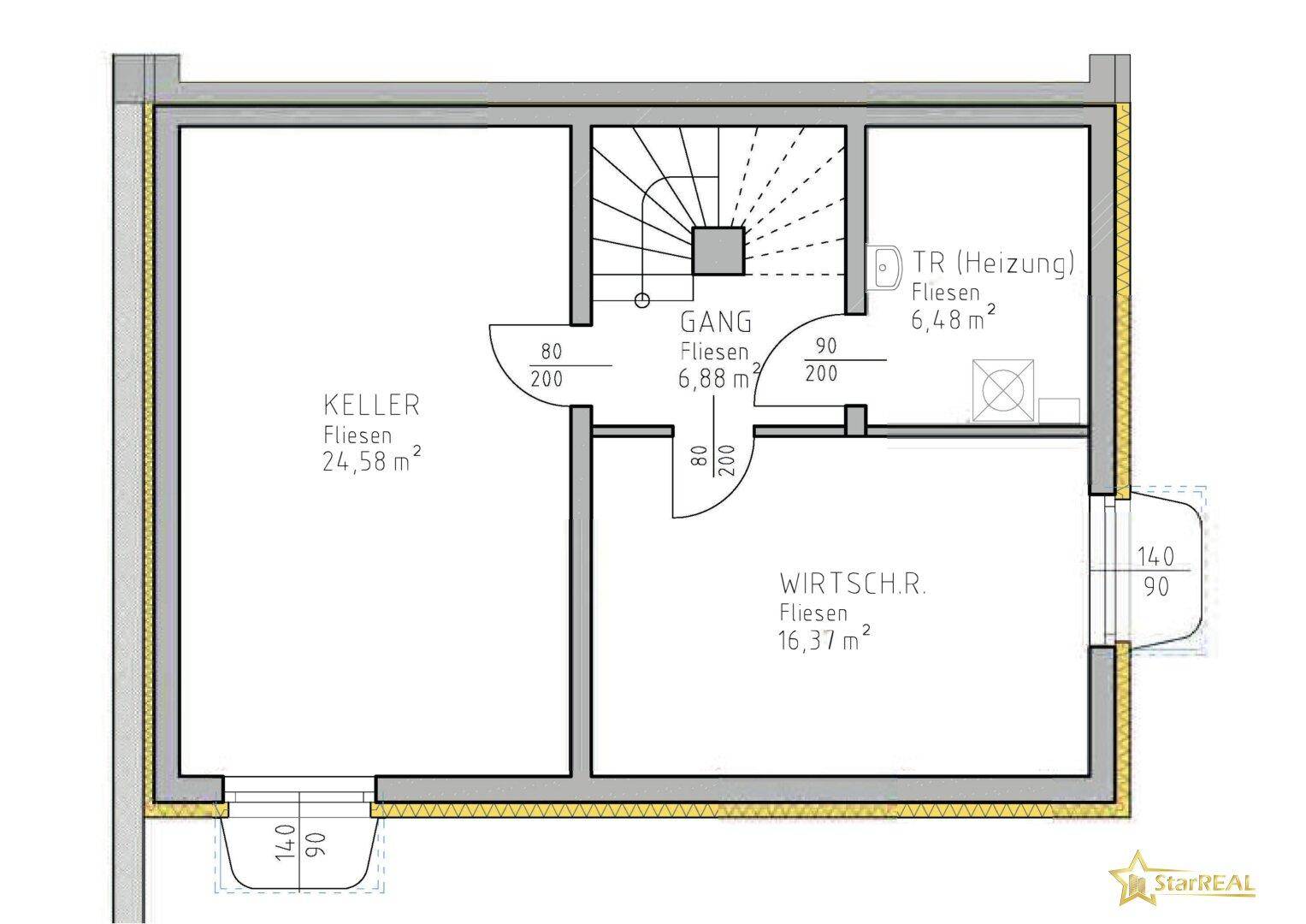 Grundriss des Kellers mit großem Kellerraum, Heizungsraum und Waschküche.