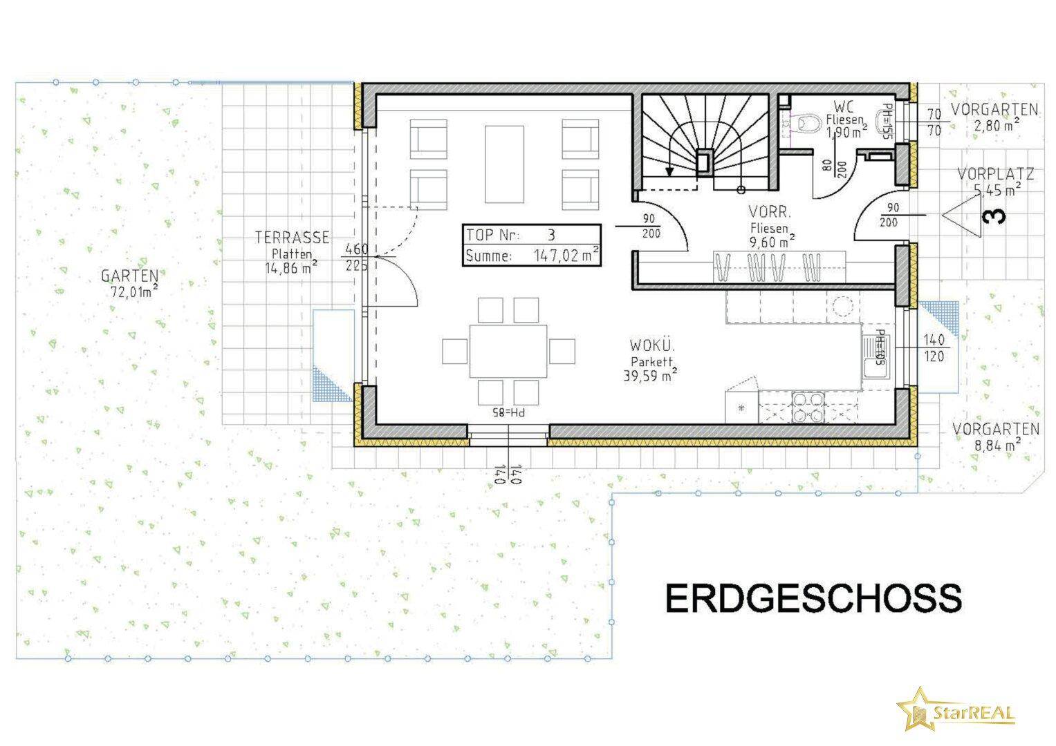 Grundriss des Erdgeschosses mit offenem Wohn- und Küchenbereich, Terrasse und Garten.