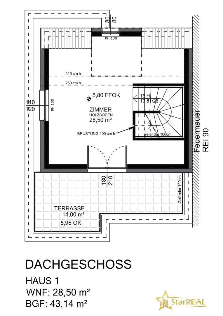 Grundriss des Dachgeschosses mit einem Zimmer und einer großen Dachterrasse.