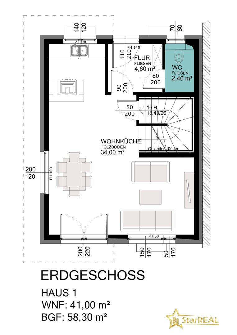 Grundriss des Erdgeschosses mit offener Wohnküche, Flur und Gäste-WC.