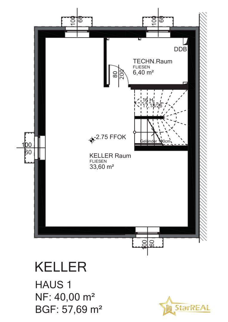 Grundriss des Kellers mit Technikraum und großem Kellerraum.