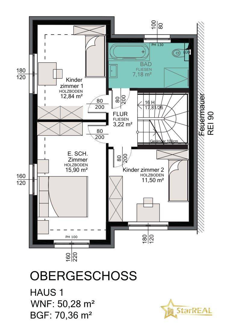 Grundriss des Obergeschosses mit drei Schlafzimmern, einem Badezimmer und Flur.