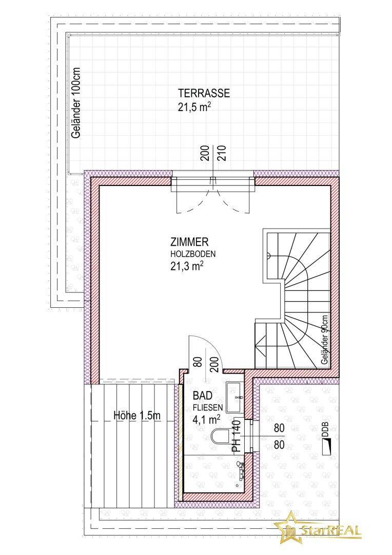 Grundriss des Dachgeschosses mit Zimmer, Bad und großer Dachterrasse.