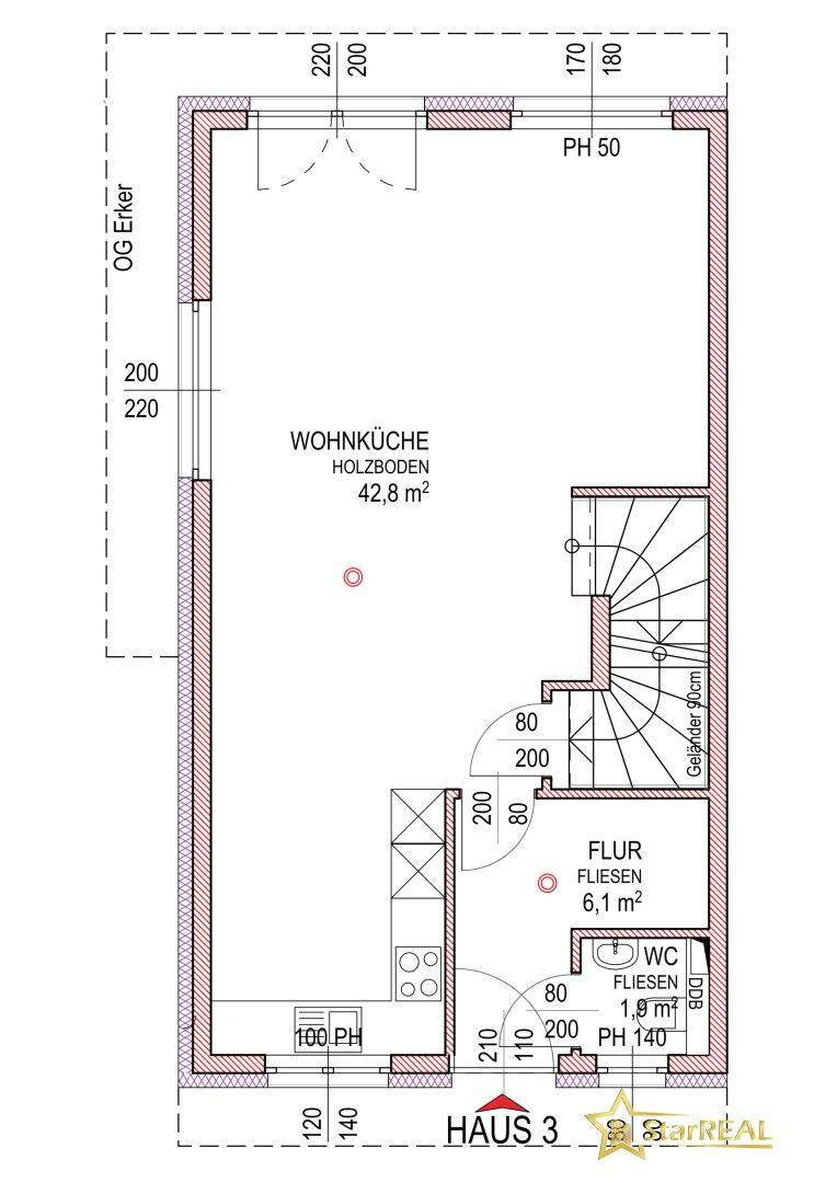 Grundriss des Erdgeschosses mit offener Wohnküche, Flur und Gäste-WC.