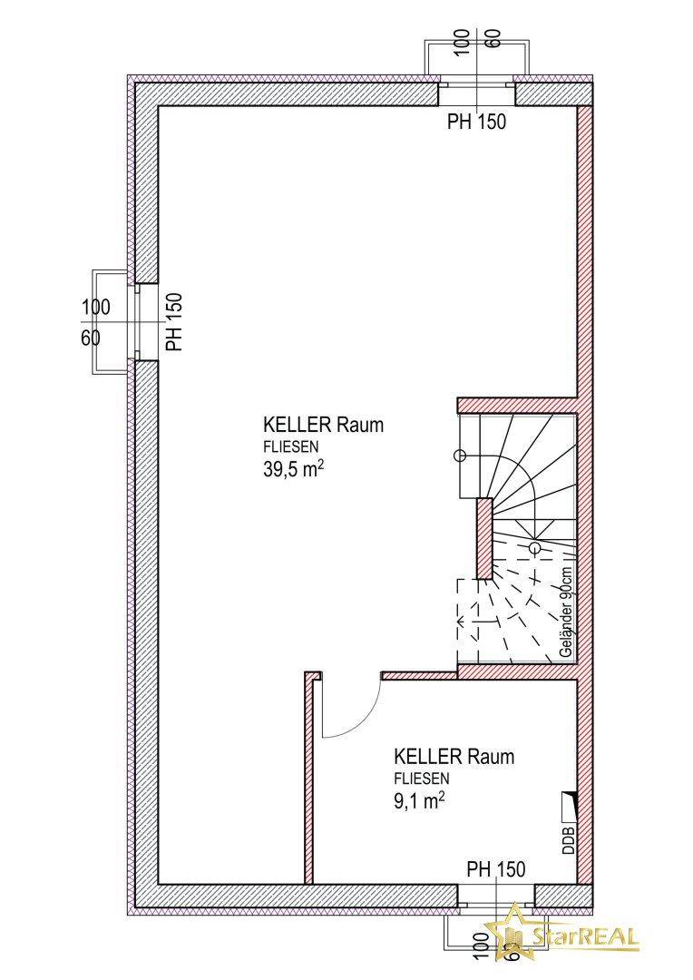 Grundriss des Kellers mit zwei Kellerräumen und Treppenaufgang.
