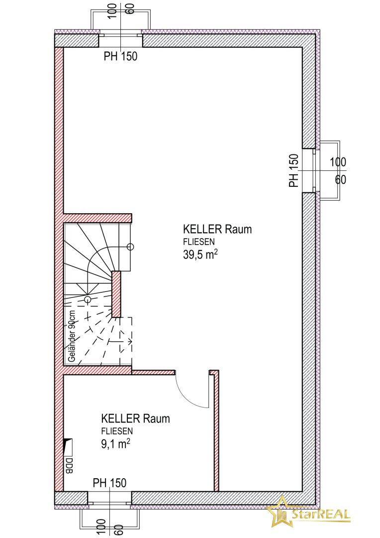 Grundriss des Kellergeschosses mit zwei Kellerräumen und Treppenaufgang.
