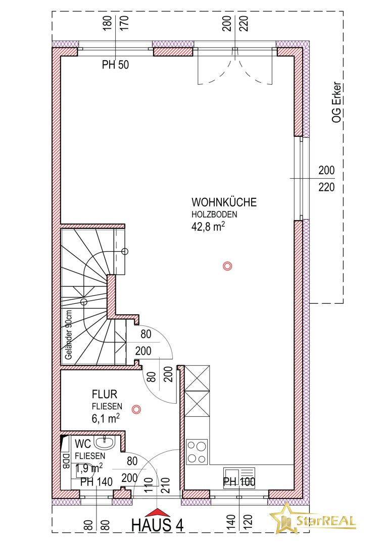 Grundriss des Obergeschosses mit offener Wohnküche, Flur und separatem WC.