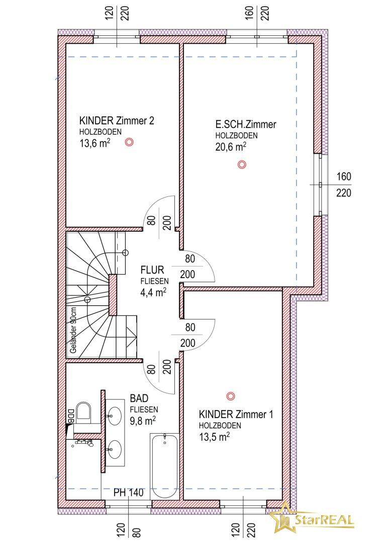 Grundriss des Obergeschosses mit drei Schlafzimmern, Flur und Badezimmer.