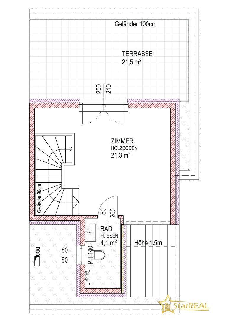 Grundriss des Dachgeschosses mit Zimmer, Bad und großer Dachterrasse.