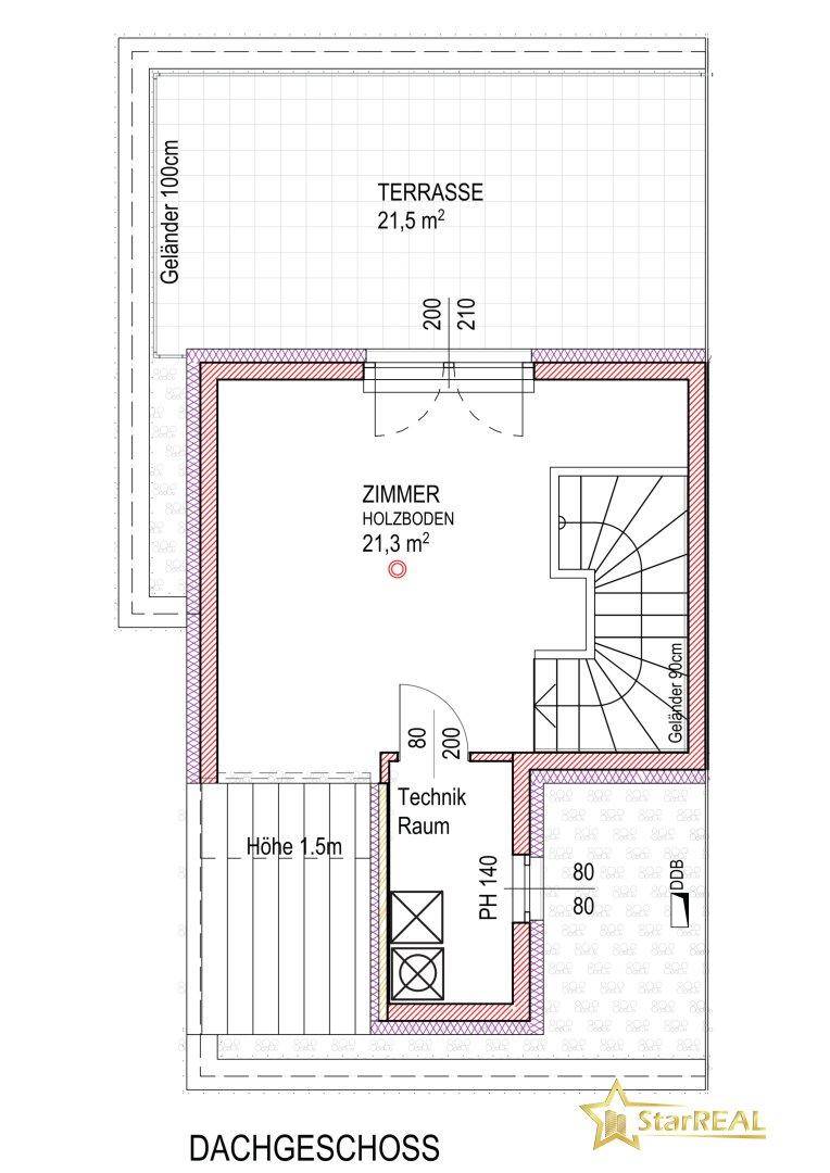 Grundriss des Dachgeschosses mit großer Terrasse, Zimmer und Technikraum.