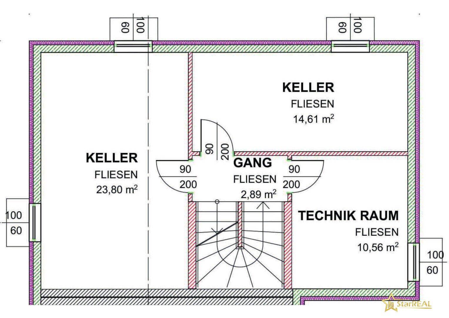 Grundriss des Kellers mit Technikraum, zwei Kellerräumen und Treppenaufgang.