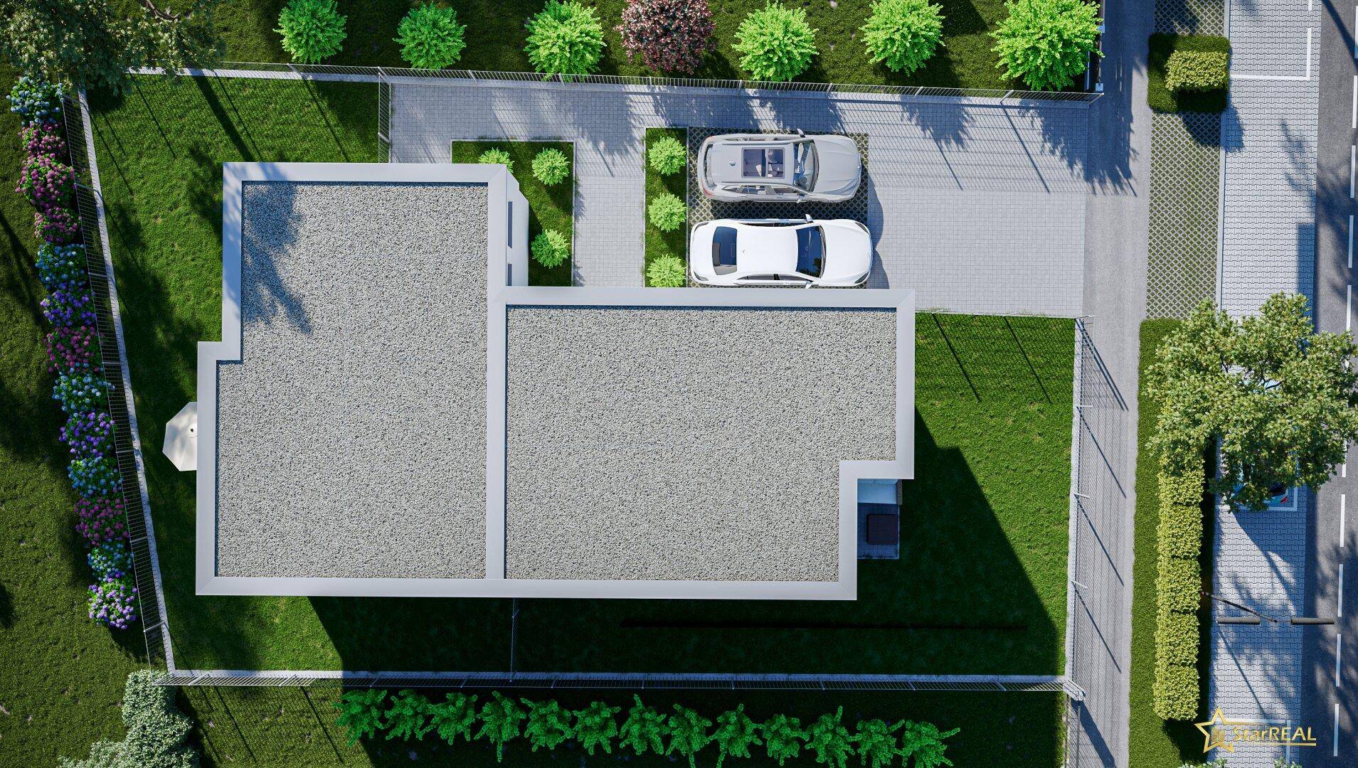 Vogelperspektive eines modernen Hauses mit Flachdach, Garten und Parkplätzen.