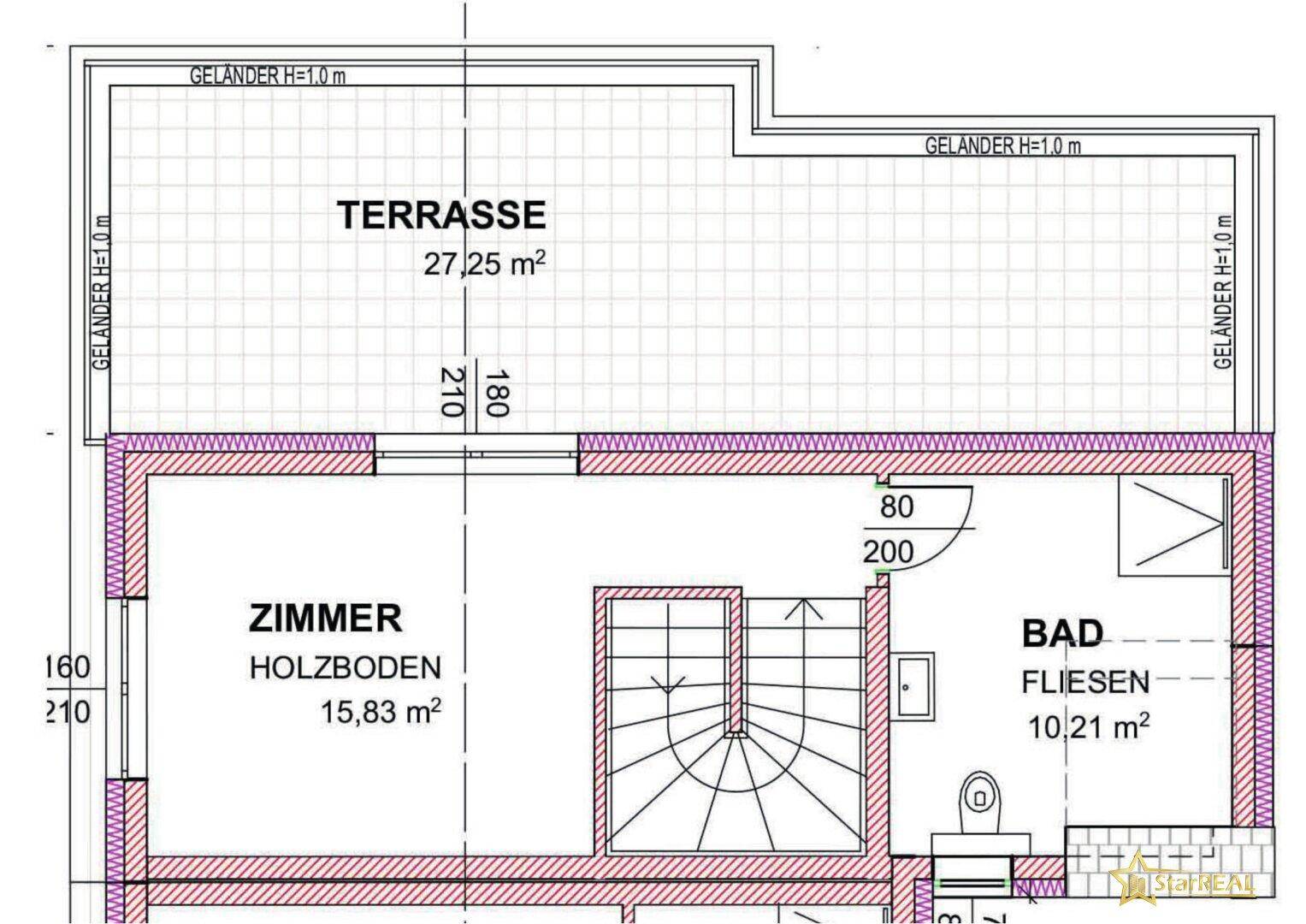 Grundriss des Dachgeschosses mit Zimmer, Bad und großer Dachterrasse.