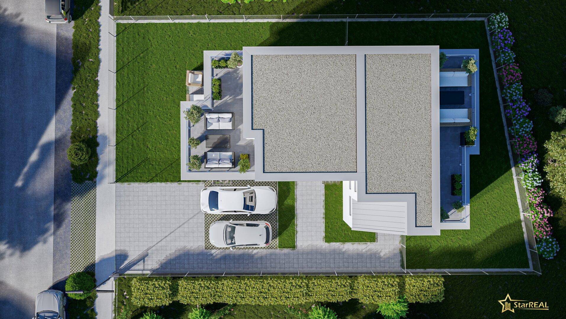 Detaillierter Lageplan des Grundstücks mit Gebäuden, Gartenflächen und Parkplätzen.