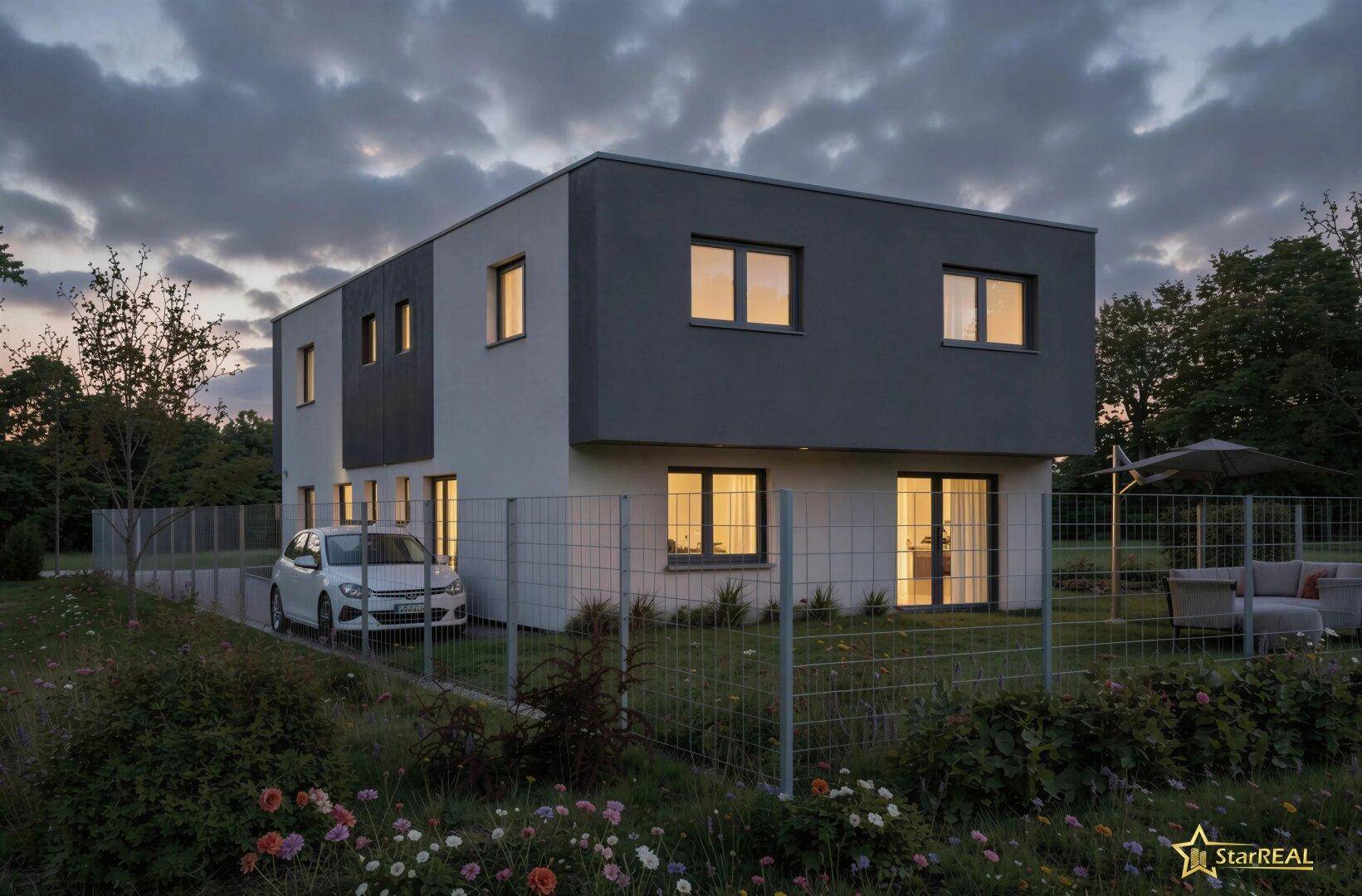 Abendliche Ansicht des modernen Hauses mit blühenden Blumenbeeten und beleuchtetem Gartenbereich.