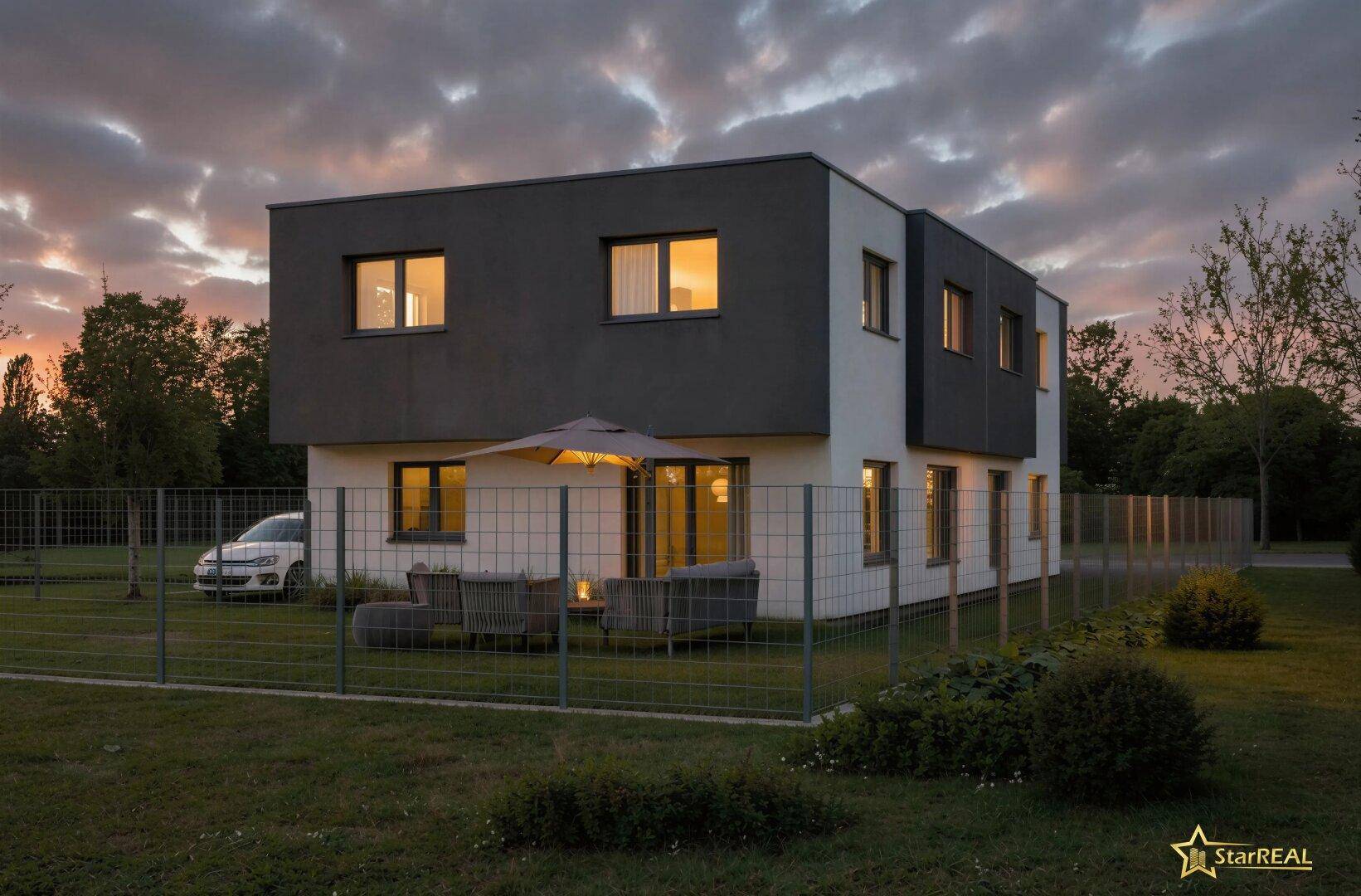 Abendliche Perspektive des modernen Hauses mit beleuchtetem Garten und einladendem Sitzbereich im Freien.