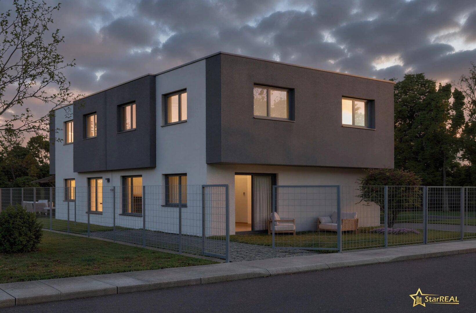 Abendliche Ansicht des modernen Hauses von der Straße, mit beleuchteten Innenräumen und Vorgarten.