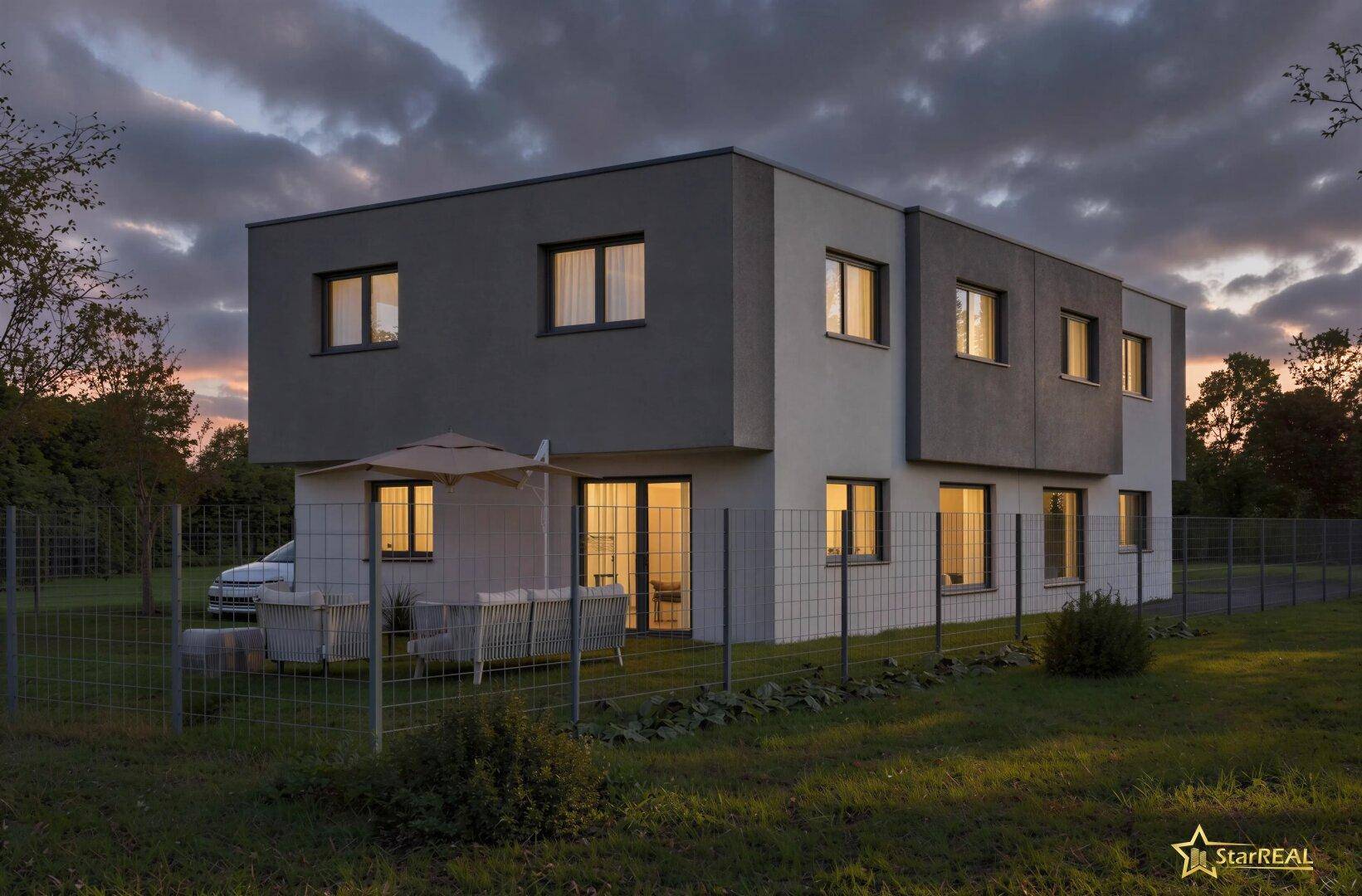 Abendliche Seitenansicht des modernen Hauses mit beleuchtetem Garten und gemütlichem Sitzbereich im Freien.
