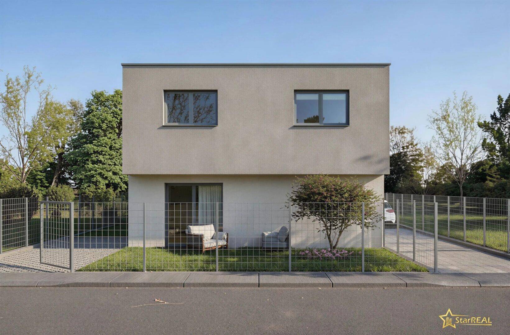 Frontansicht des modernen Einfamilienhauses mit minimalistischer Architektur und gepflegtem Vorgarten.