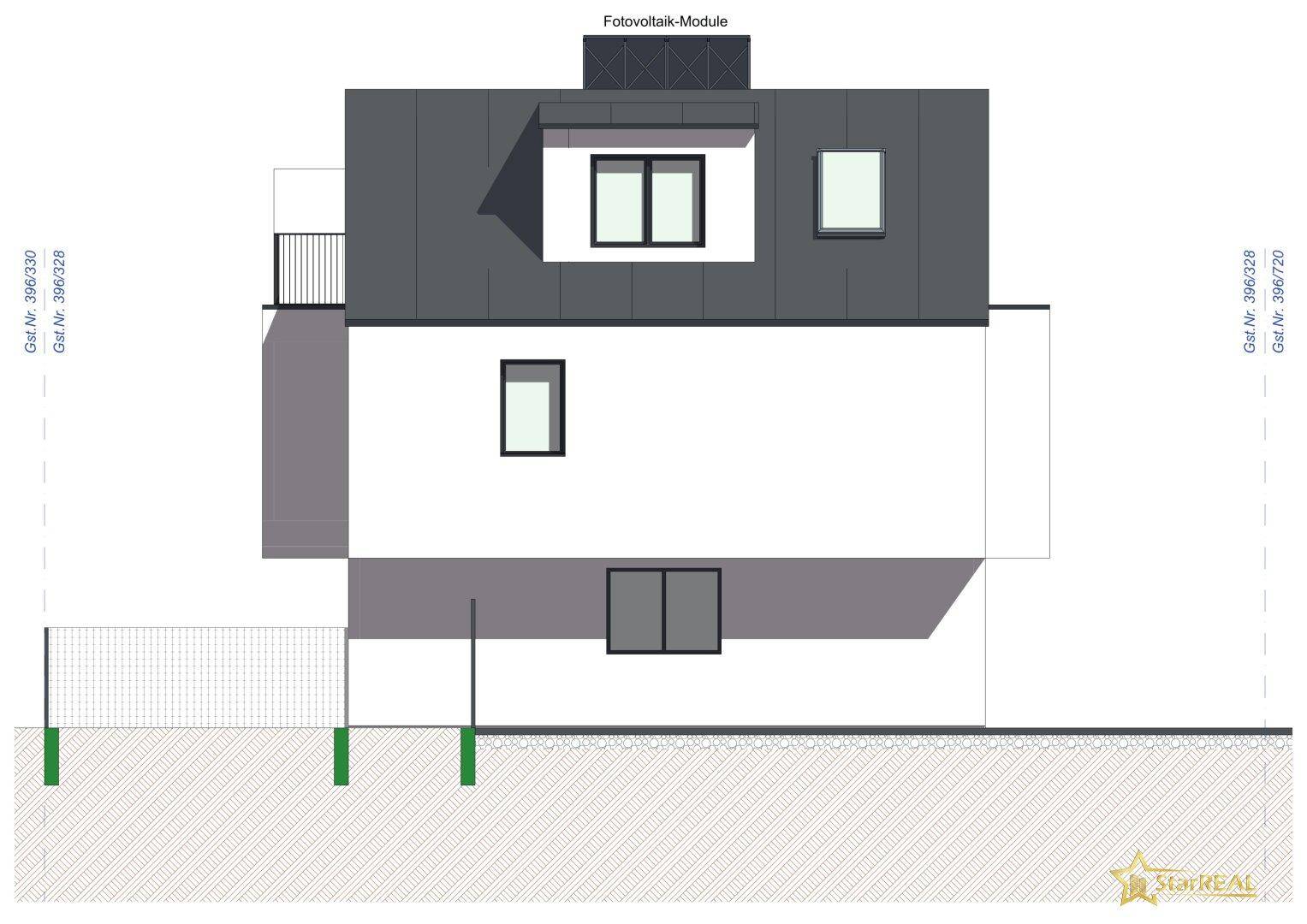 Seitenansicht des Gebäudes mit Dachfenstern und Photovoltaik-Modulen.