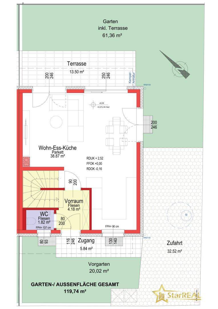 Grundriss des Erdgeschosses mit offenem Wohn-Essbereich, Küche und Terrasse.