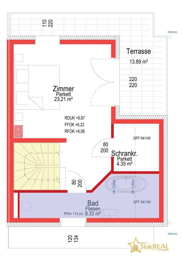 Grundriss des Dachgeschosses mit großem Zimmer, Bad und Dachterrasse.