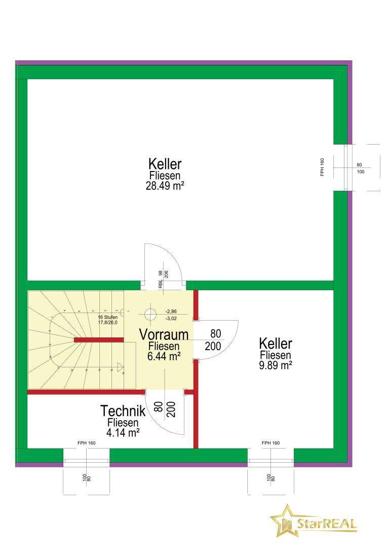 Grundriss des Kellers mit Technikraum und zwei Kellerräumen.