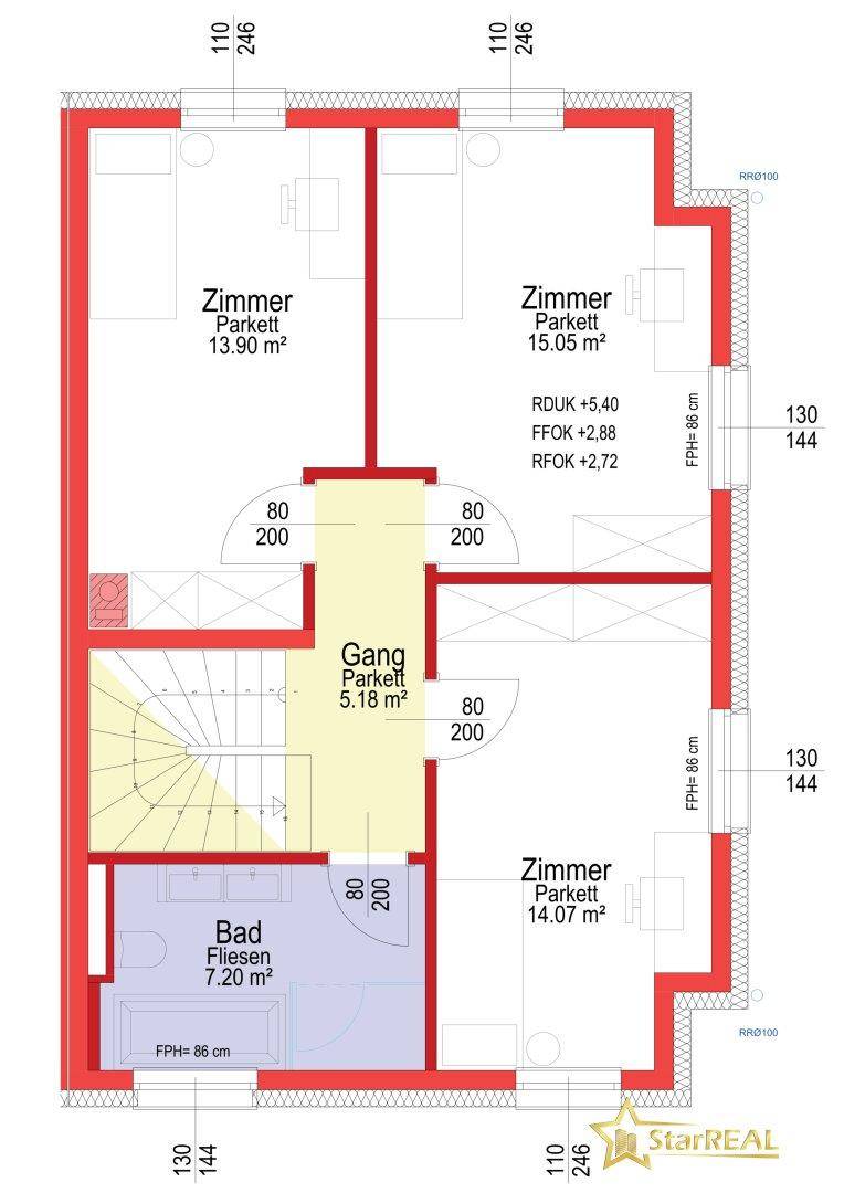 Grundriss des ersten Obergeschosses mit drei Schlafzimmern und einem Badezimmer.