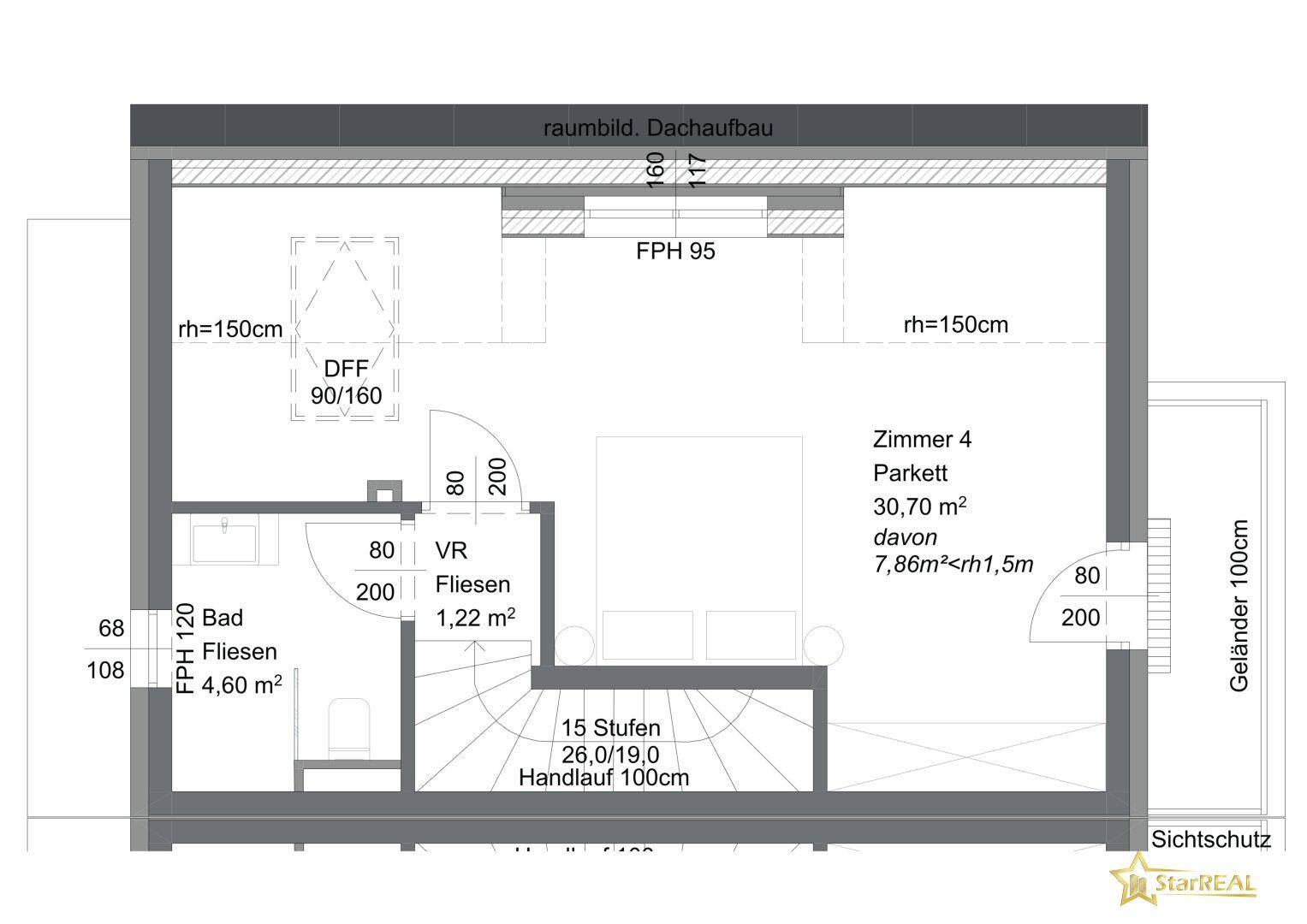 Grundriss des Dachgeschosses mit großem Zimmer, Badezimmer und Dachschrägen.