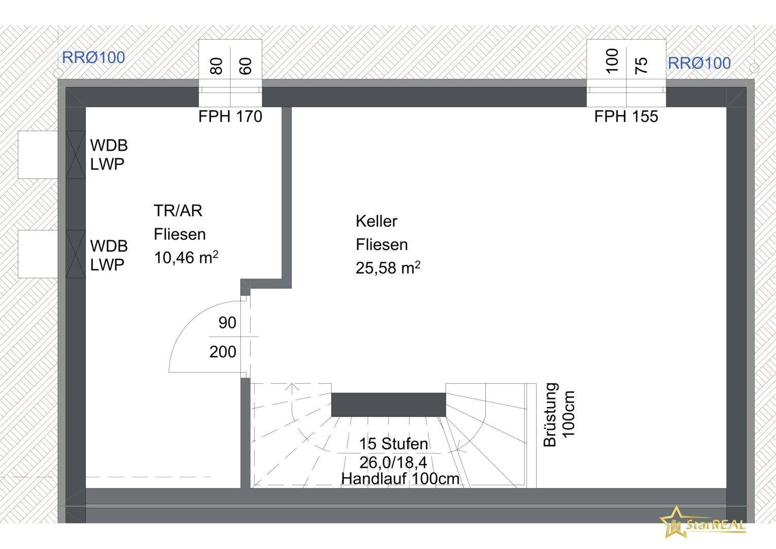 Grundriss des Kellergeschosses mit großem Kellerraum und separatem Technik-/Abstellraum.