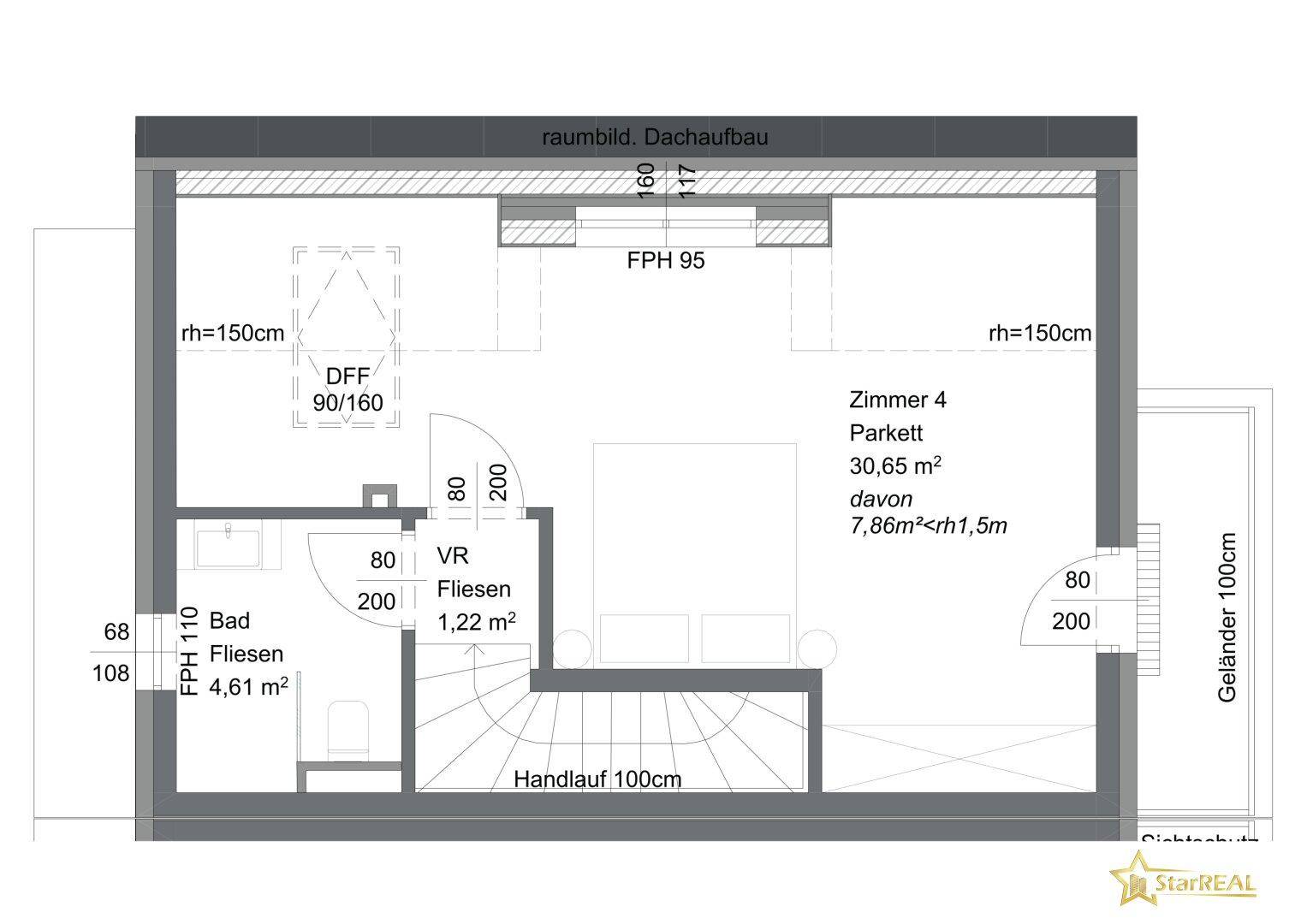 Grundriss des Dachgeschosses mit großem Zimmer, Badezimmer, Dachschrägen und Dachflächenfenster.