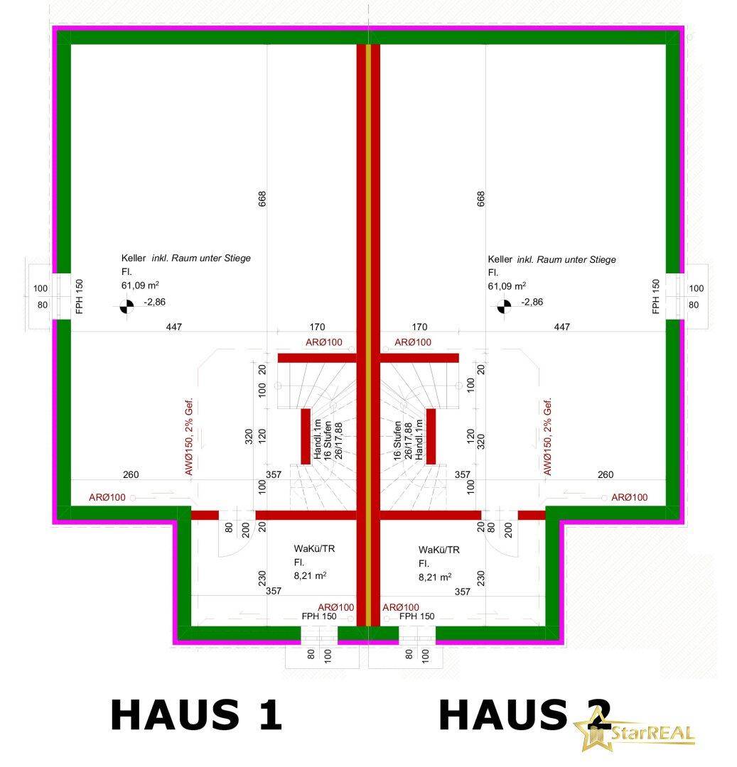 Grundriss des Kellergeschosses mit Abstellräumen und Technikbereich.