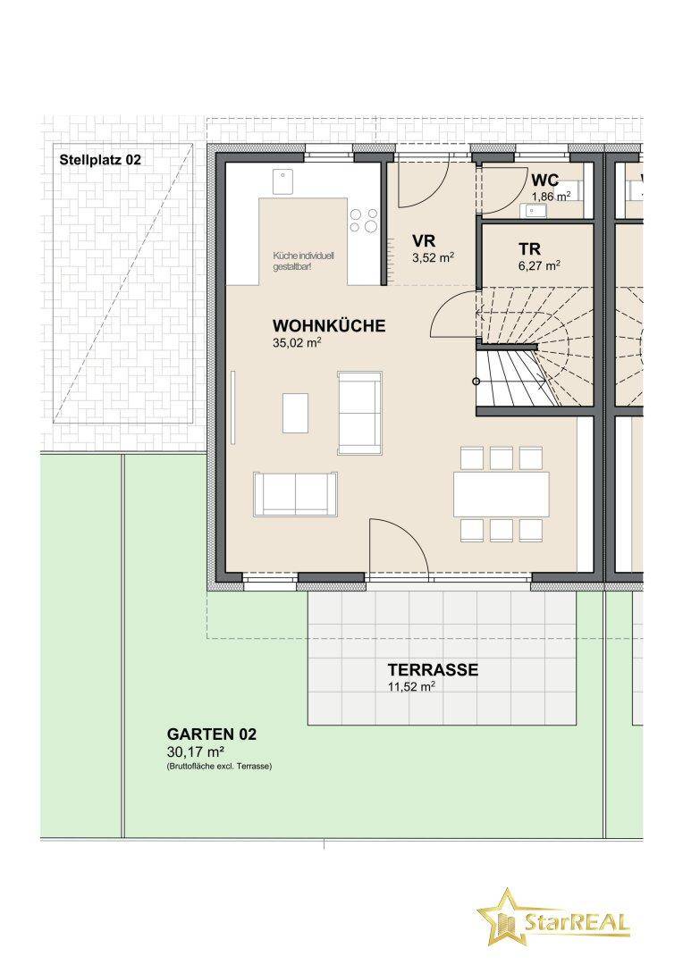 Grundriss des Erdgeschosses mit offener Wohnküche, WC, Terrasse und Garten.