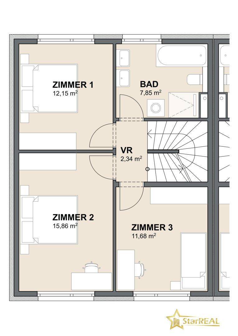 Grundriss des Obergeschosses mit drei Schlafzimmern und einem Badezimmer.