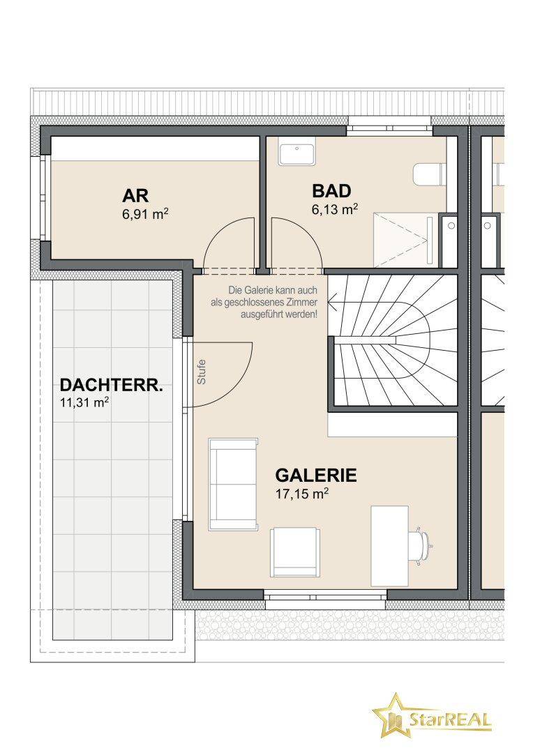 Grundriss des Dachgeschosses mit Galerie, Bad, Abstellraum und Dachterrasse.