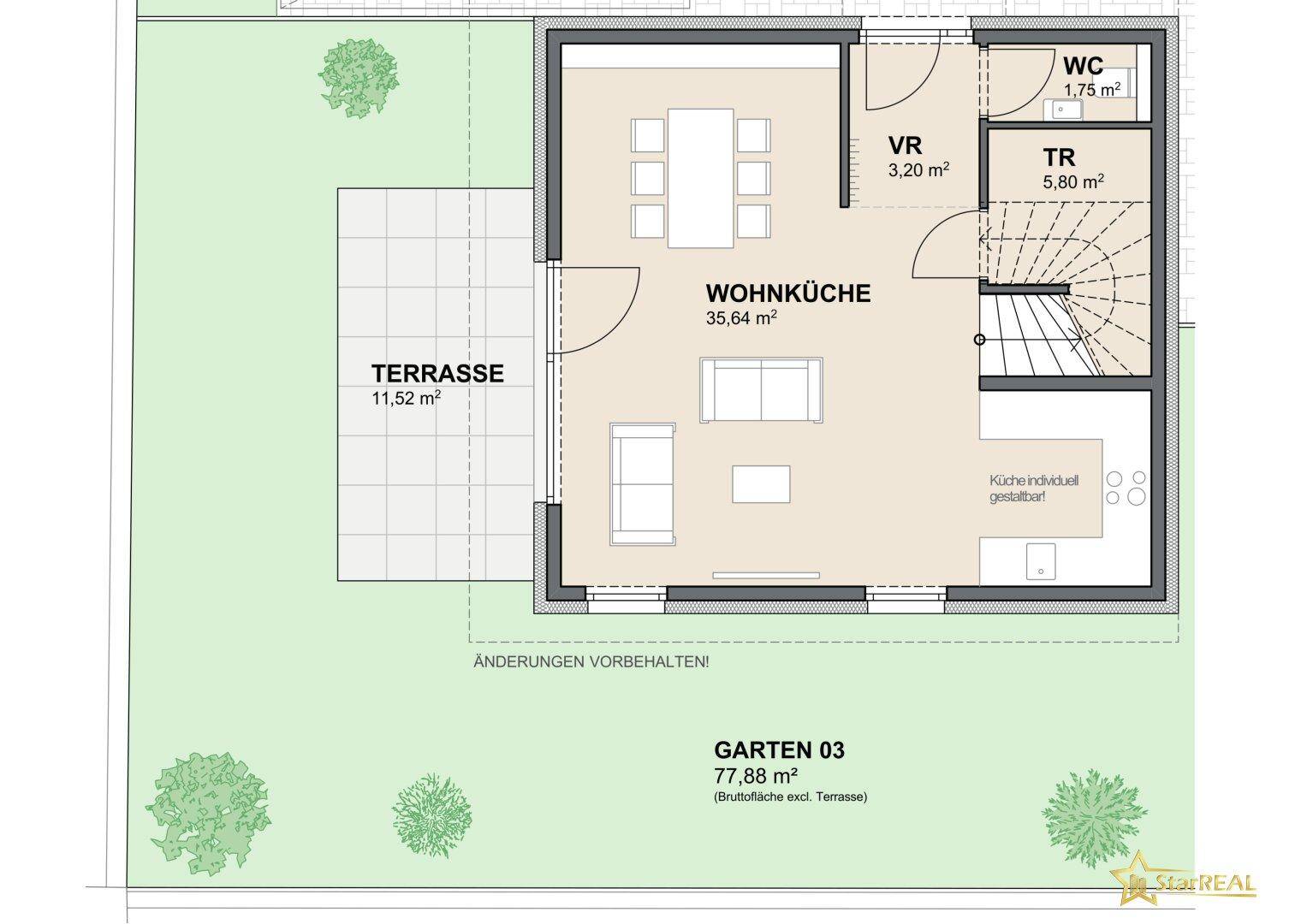 Grundriss des Erdgeschosses mit offener Wohnküche, Terrasse und Garten.