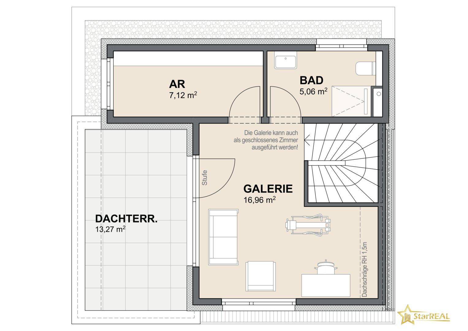 Grundriss des Dachgeschosses mit Galerie, Bad und großer Dachterrasse.