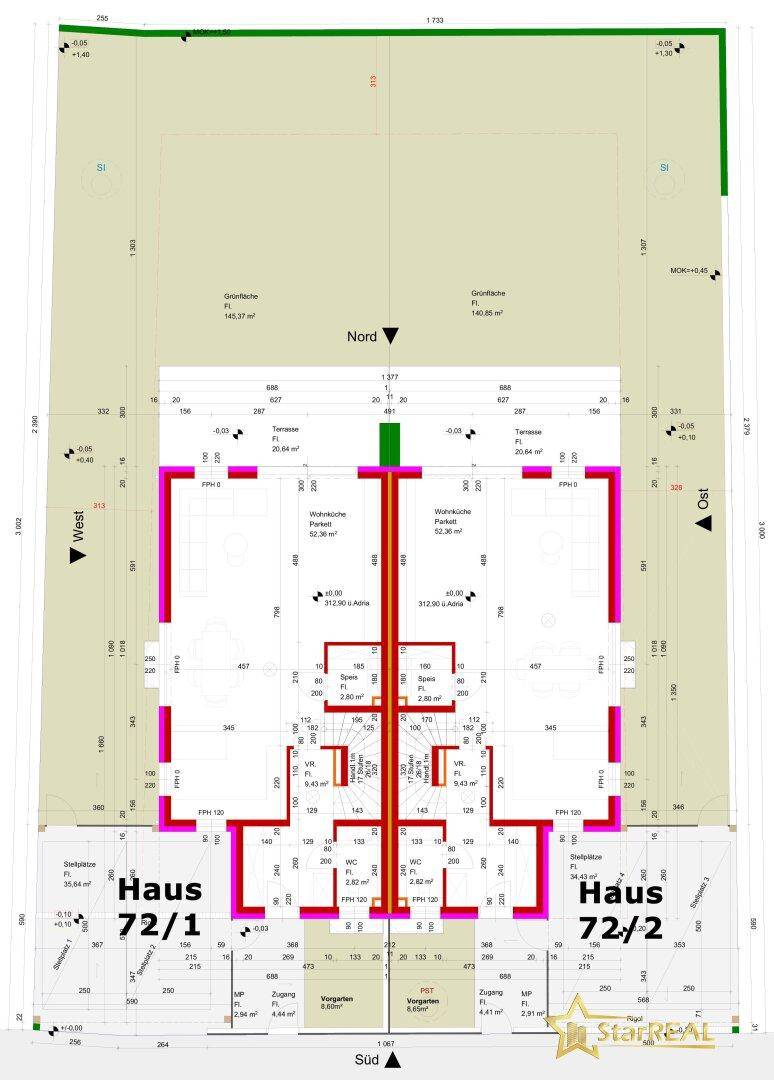 Gesamtgrundriss von zwei Doppelhaushälften mit Grundstücksaufteilung und Terrassen.