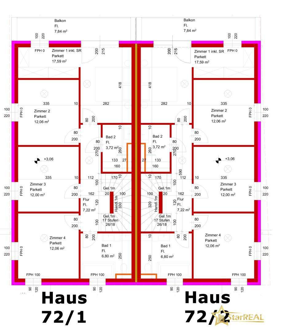 Grundriss des Obergeschosses von zwei Doppelhaushälften mit Schlafzimmern, Bädern und Balkonen.